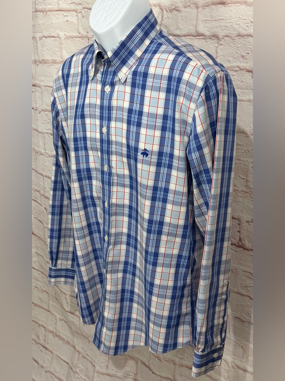 Brooks Brothers Non Iron Button Front Shirt Mens M Supima Cotton Blue Plaid